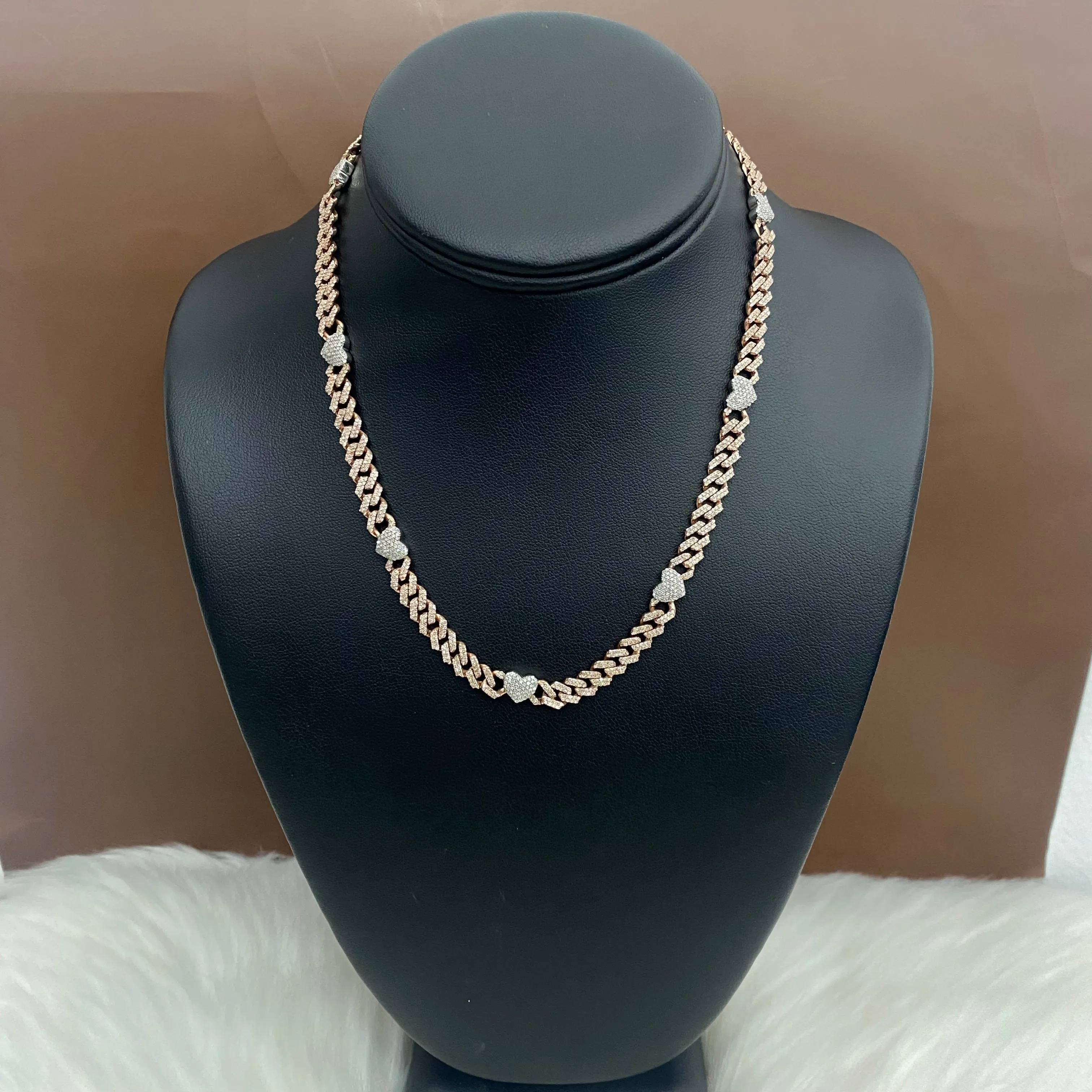 10K Rose-White Gold Bustdown Heart Chain Ct Dia / 33gr / 6,3mm / 16in
