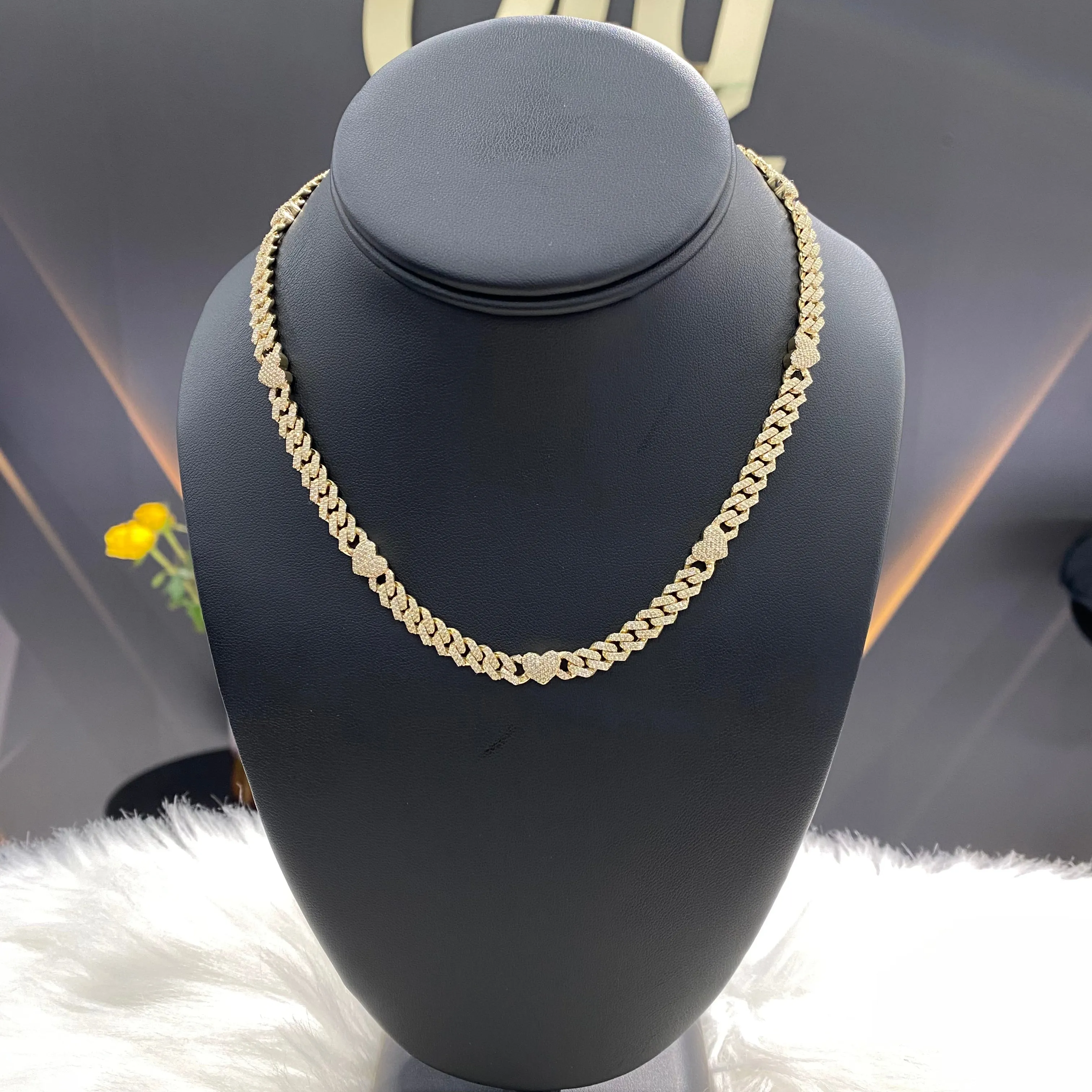 10K Yellow Gold Bustdown Heart Chain 3.48Ct Dia / 36.4gr / 6.2mm / 16in
