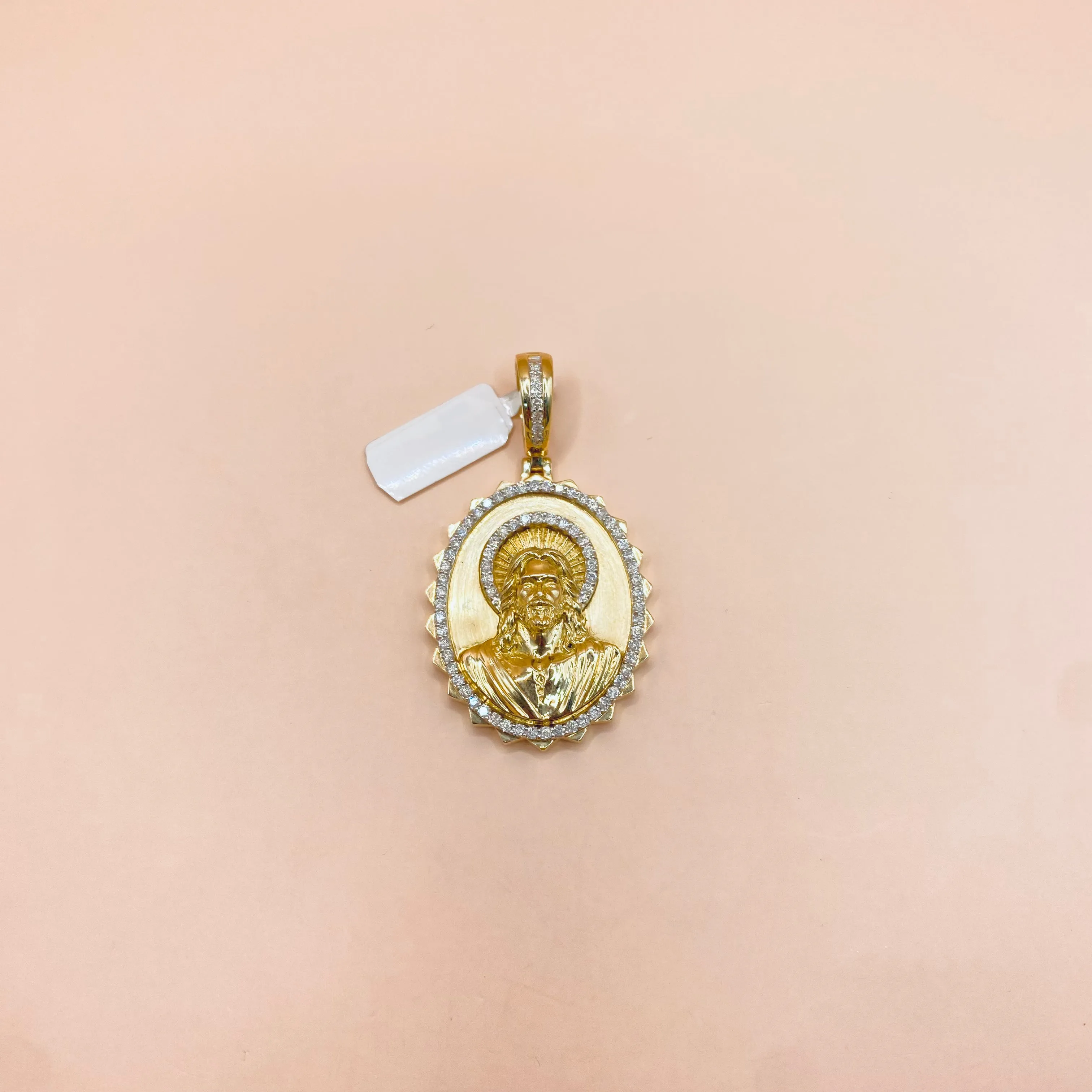14K Yellow Gold Diamond Sagred Jesus Pendant  1.21Ct Dia / 12.1gr