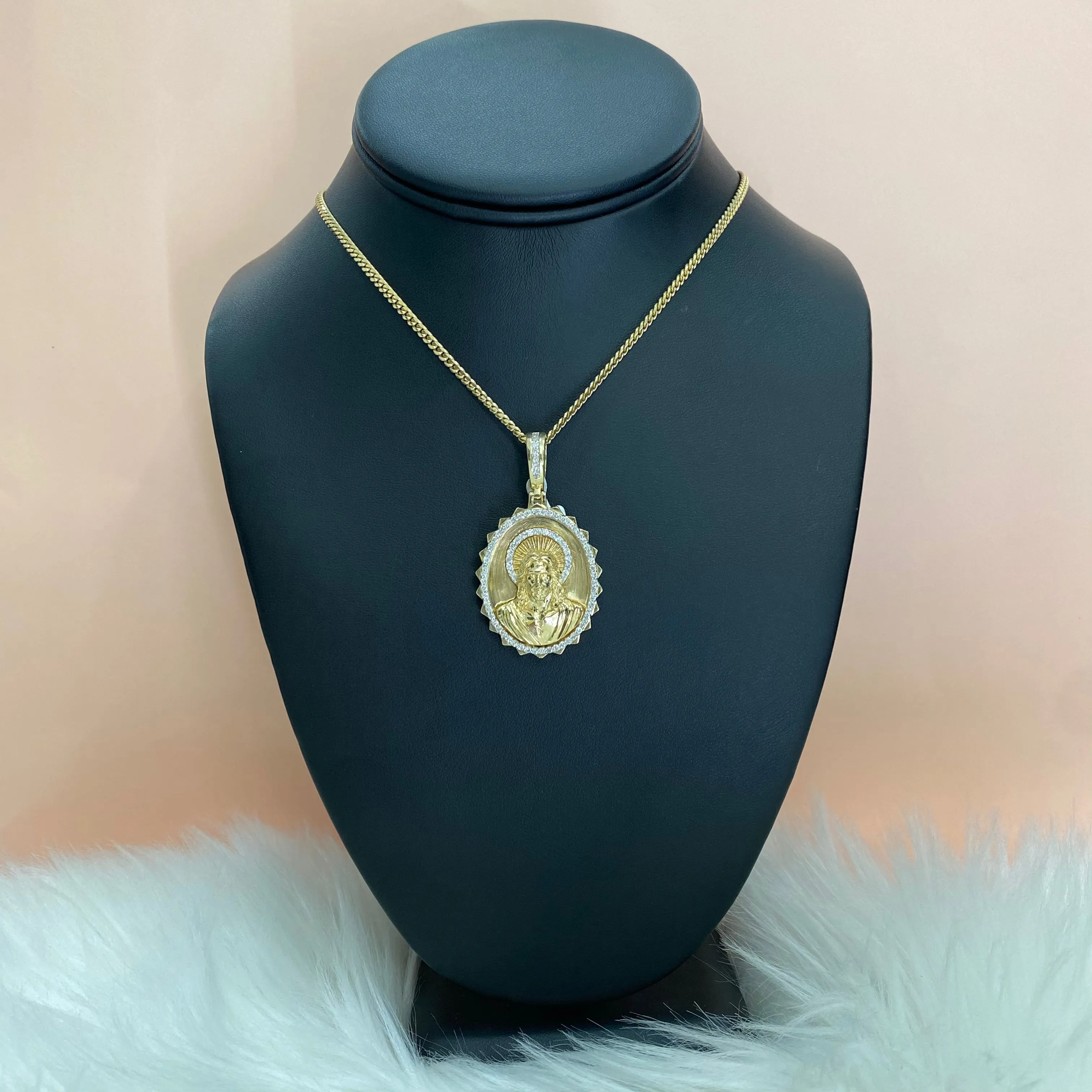 14K Yellow Gold Diamond Sagred Jesus Pendant  1.21Ct Dia / 12.1gr
