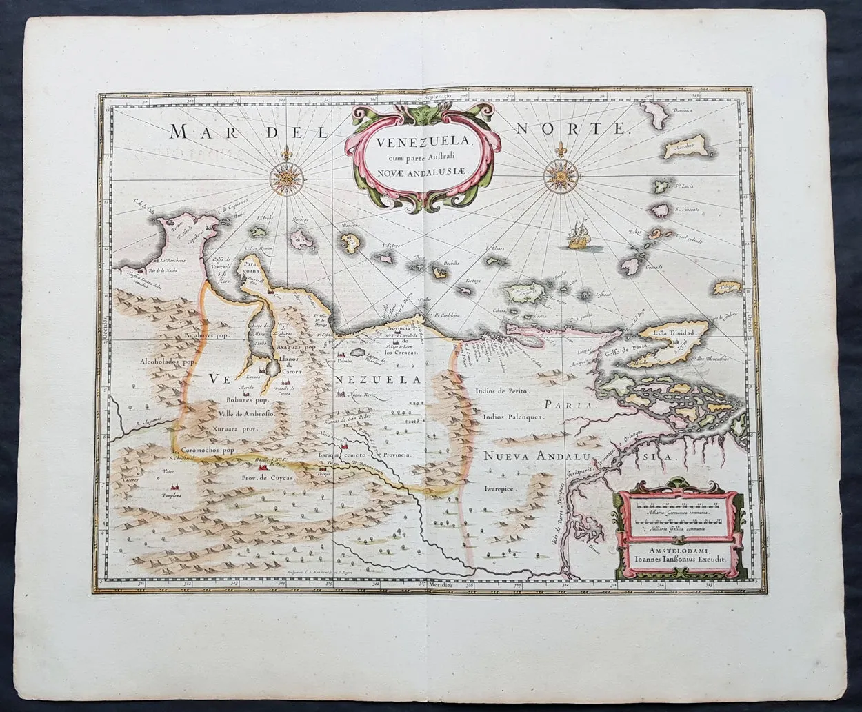 1639 Jansson Scarce Original Antique Map of Venezuela, A. de Berrio & W Raleigh
