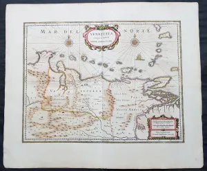 1639 Jansson Scarce Original Antique Map of Venezuela, A. de Berrio & W Raleigh