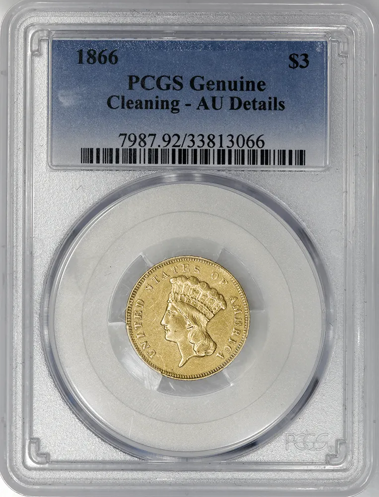 1866 $3 Princess Gold Coin (Scarce!) - PCGS About Uncirculated Detail