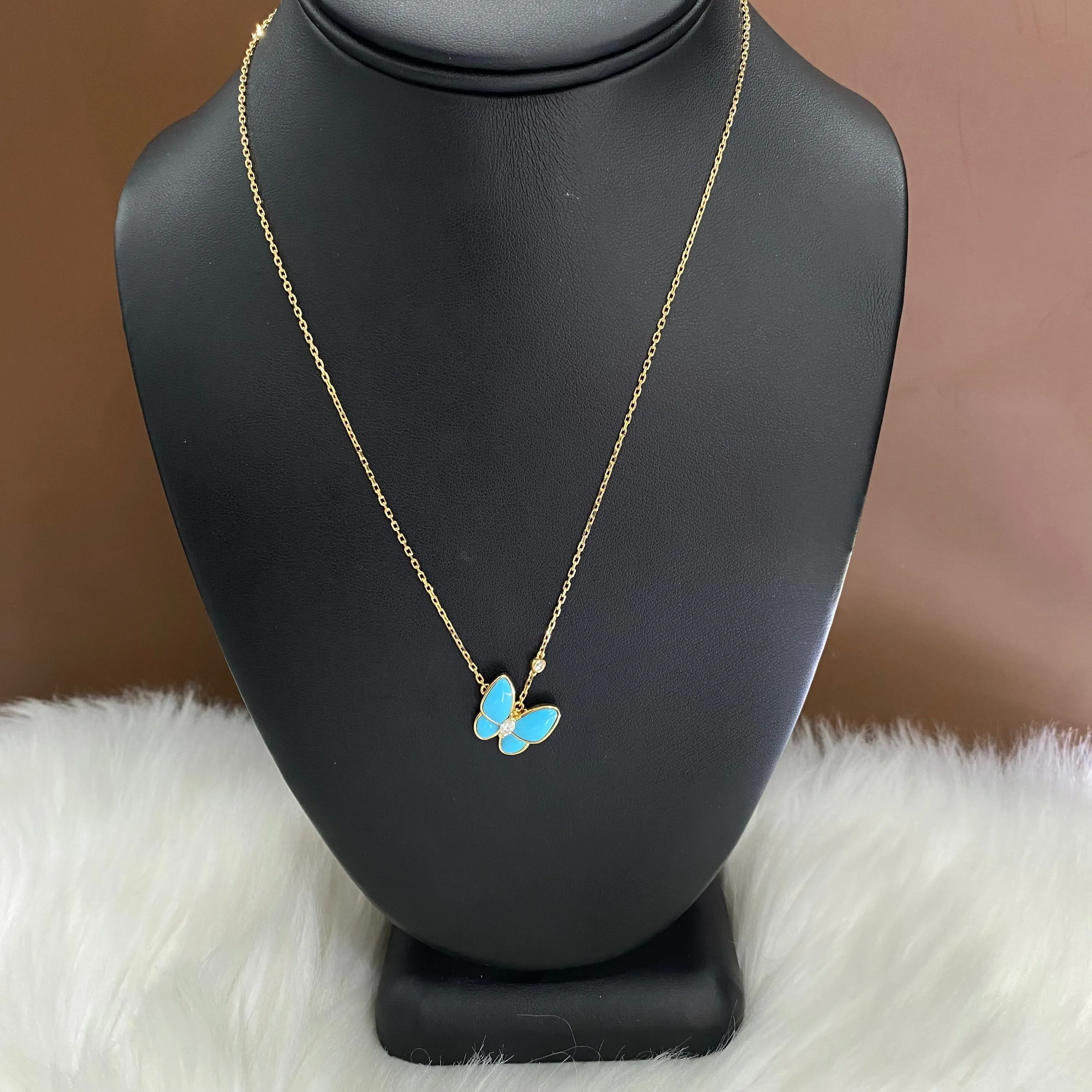 18K Yellow Gold Blue Butterfly Jewelry Set With Diamonds / 5.2gr / 17in
