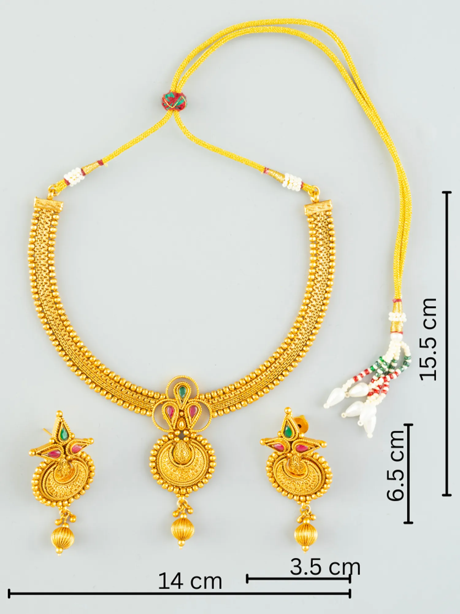 24K Gold Plated Crescent Design Ruby and Emerald Necklace Set with Earrings
