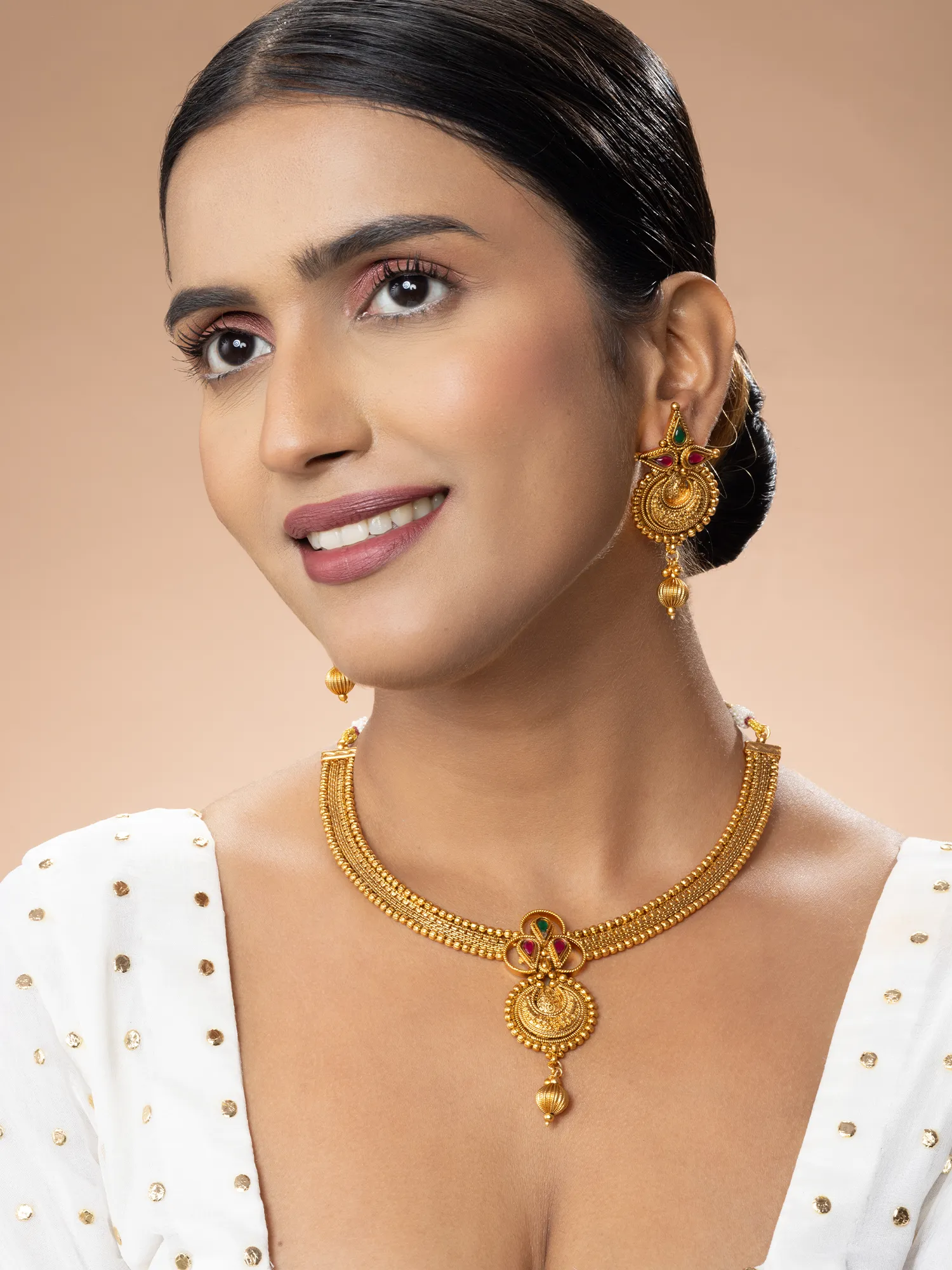 24K Gold Plated Crescent Design Ruby and Emerald Necklace Set with Earrings