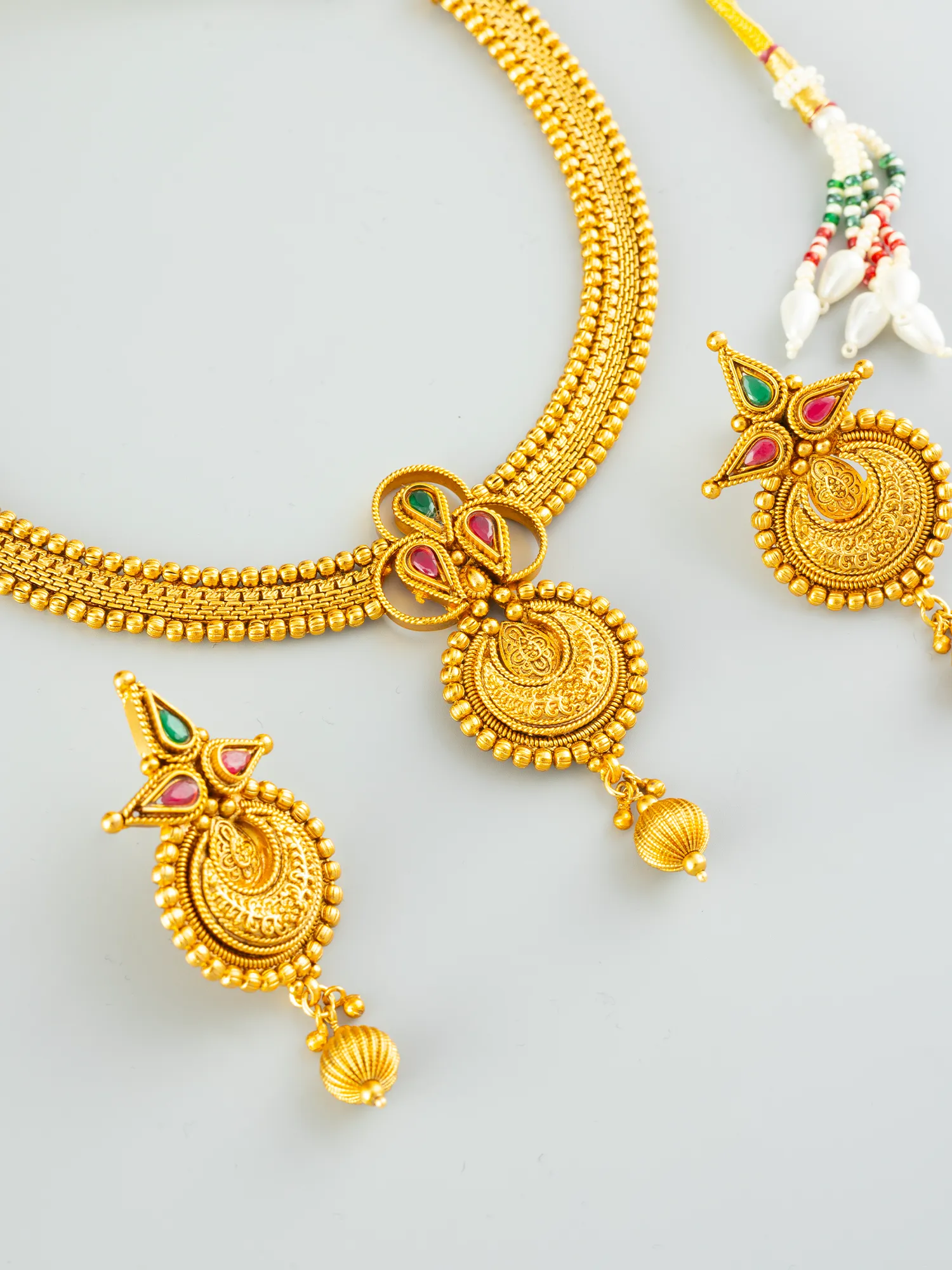 24K Gold Plated Crescent Design Ruby and Emerald Necklace Set with Earrings