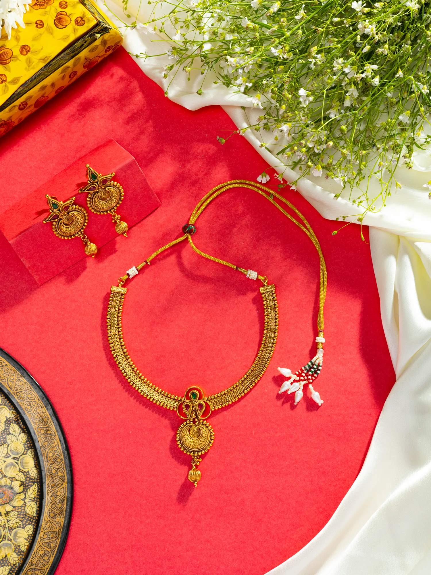 24K Gold Plated Crescent Design Ruby and Emerald Necklace Set with Earrings