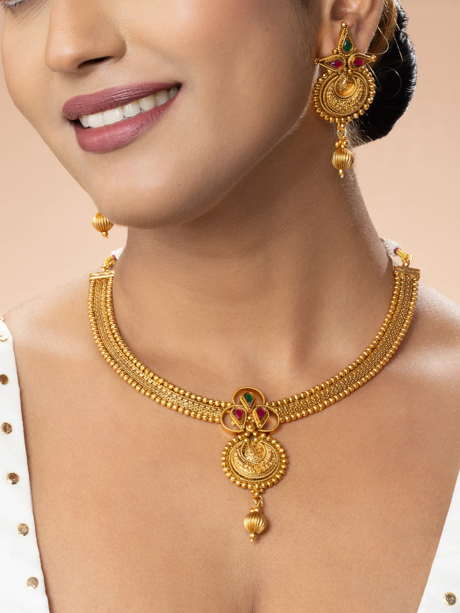 24K Gold Plated Crescent Design Ruby and Emerald Necklace Set with Earrings