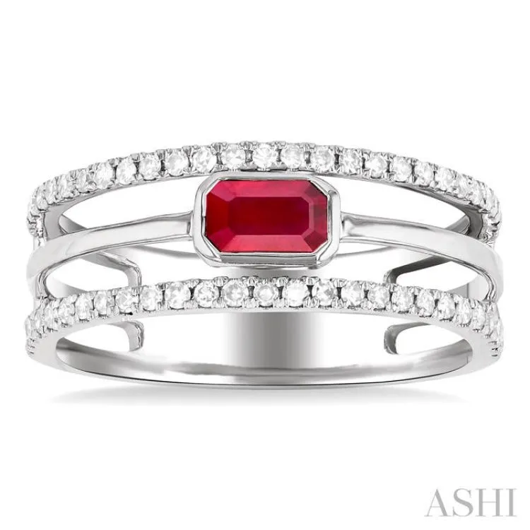 5X3MM East- West Emerald Shape Ruby and 1/4 ctw Single Cut Diamond Triple Split Precious Ring in 10K White Gold
