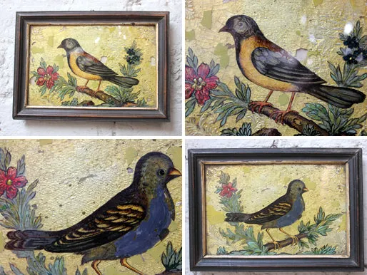 A Charming Pair of c.1800 Reverse Glass Paint & Foil Pictures of Birds Amongst Foliage