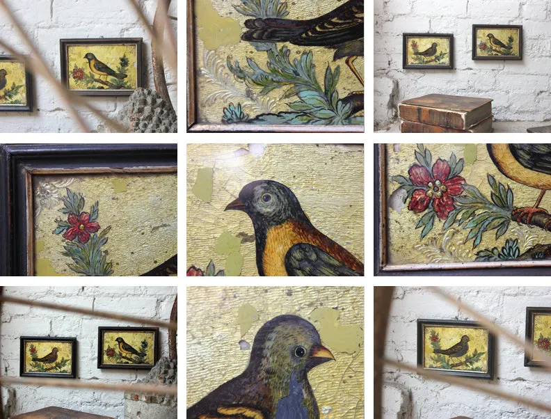 A Charming Pair of c.1800 Reverse Glass Paint & Foil Pictures of Birds Amongst Foliage