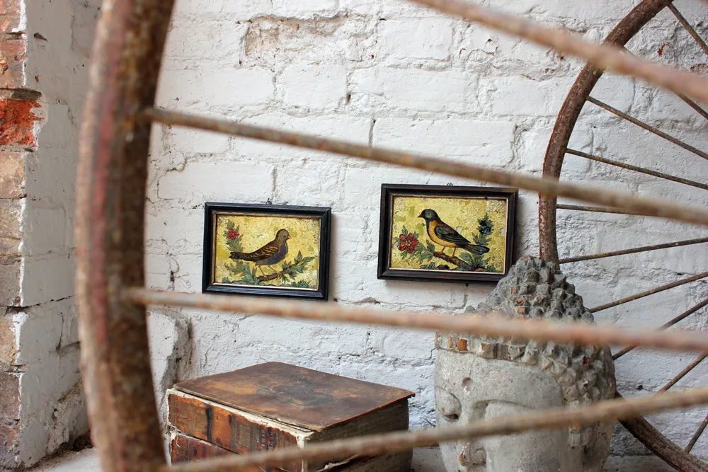 A Charming Pair of c.1800 Reverse Glass Paint & Foil Pictures of Birds Amongst Foliage