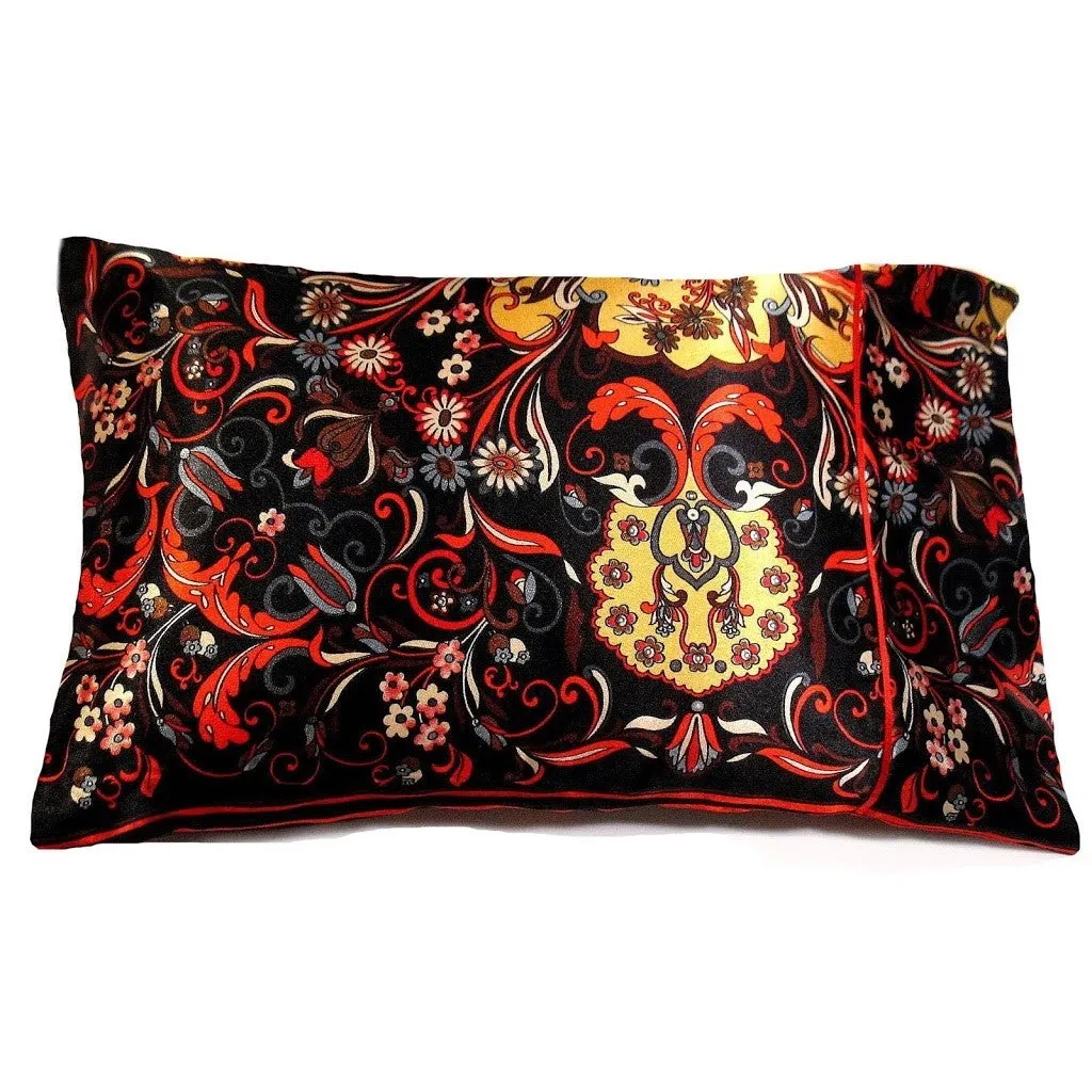 Accent Pillow. Bold, Vibrant Flowers Print, Black, Orange, Red, Yellow
