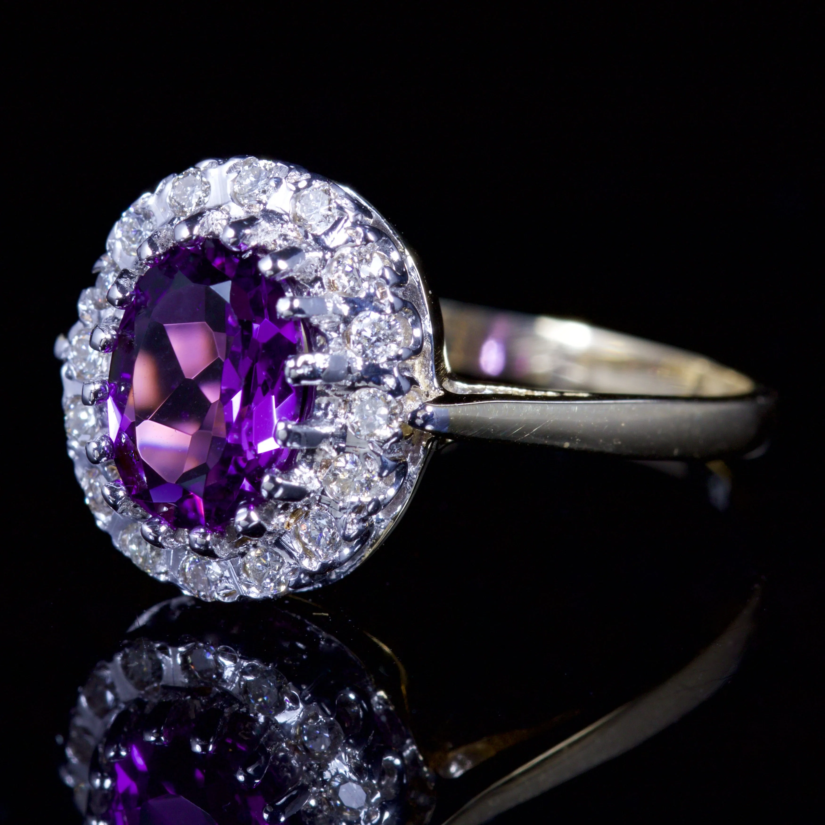 Amethyst Diamond Cluster Ring 9Ct Gold Ring
