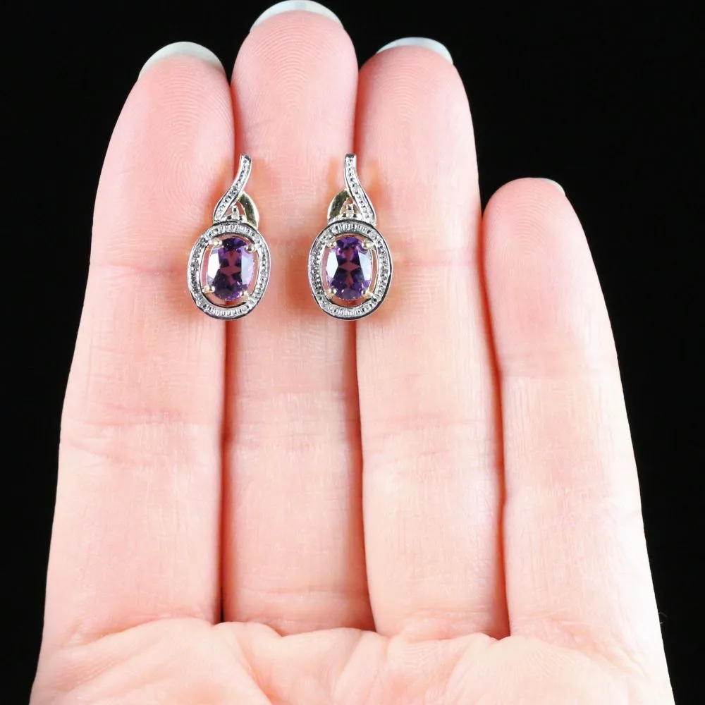 Amethyst Diamond Earrings 9Ct Gold Drop Style