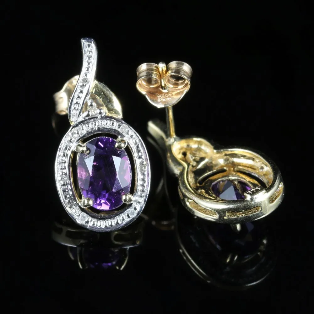 Amethyst Diamond Earrings 9Ct Gold Drop Style