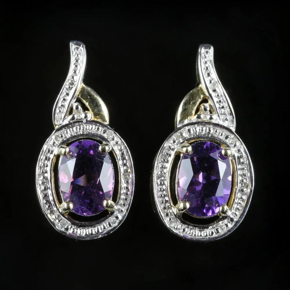 Amethyst Diamond Earrings 9Ct Gold Drop Style