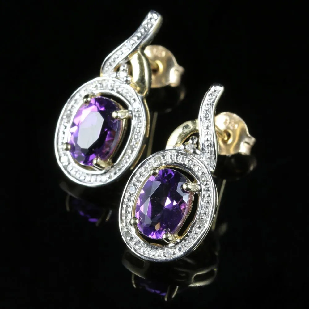 Amethyst Diamond Earrings 9Ct Gold Drop Style