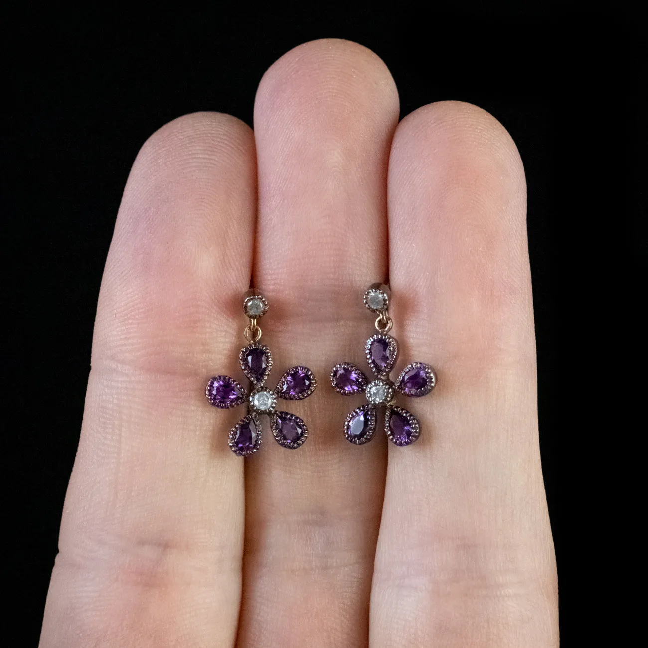 Amethyst Flower Earrings Diamond 18Ct Gold On Silver