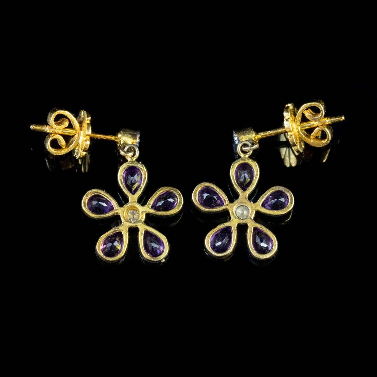 Amethyst Flower Earrings Diamond 18Ct Gold On Silver