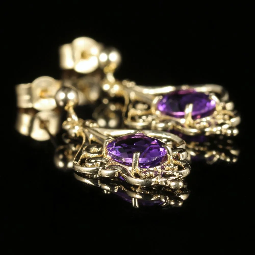 Amethyst Gold Earrings 9Ct Gold Fancy Design