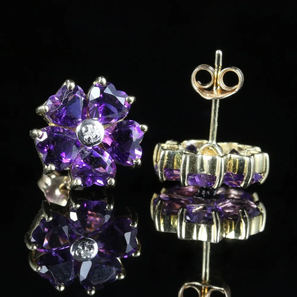 Amethyst Heart Diamond Earrings 9Ct Gold
