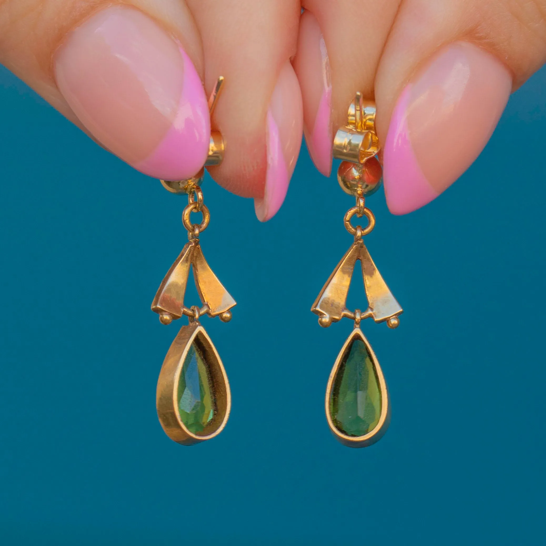 Antique 18ct Gold Green Tourmaline Pearl Drop Earrings, 1.80ct