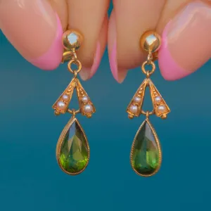 Antique 18ct Gold Green Tourmaline Pearl Drop Earrings, 1.80ct