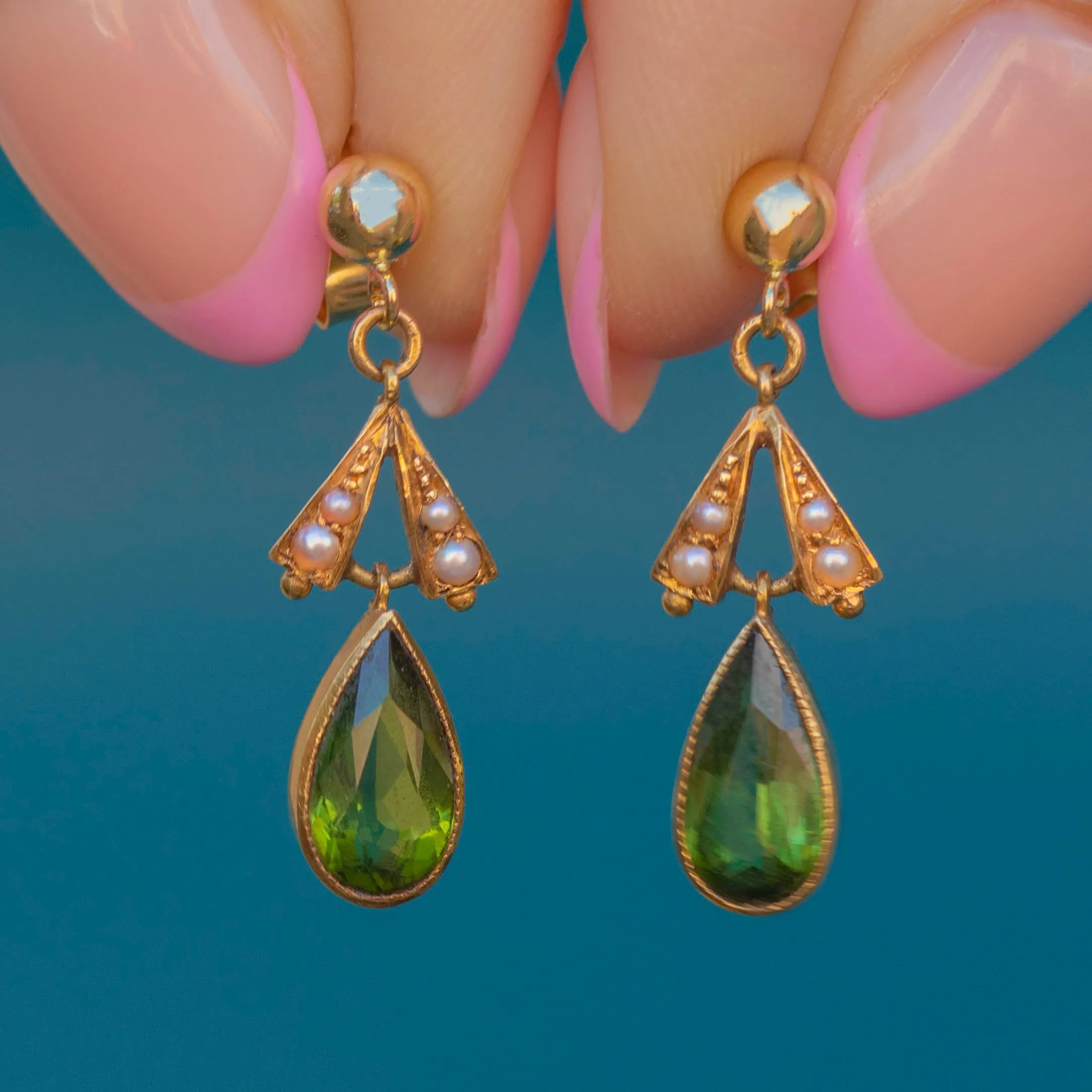 Antique 18ct Gold Green Tourmaline Pearl Drop Earrings, 1.80ct