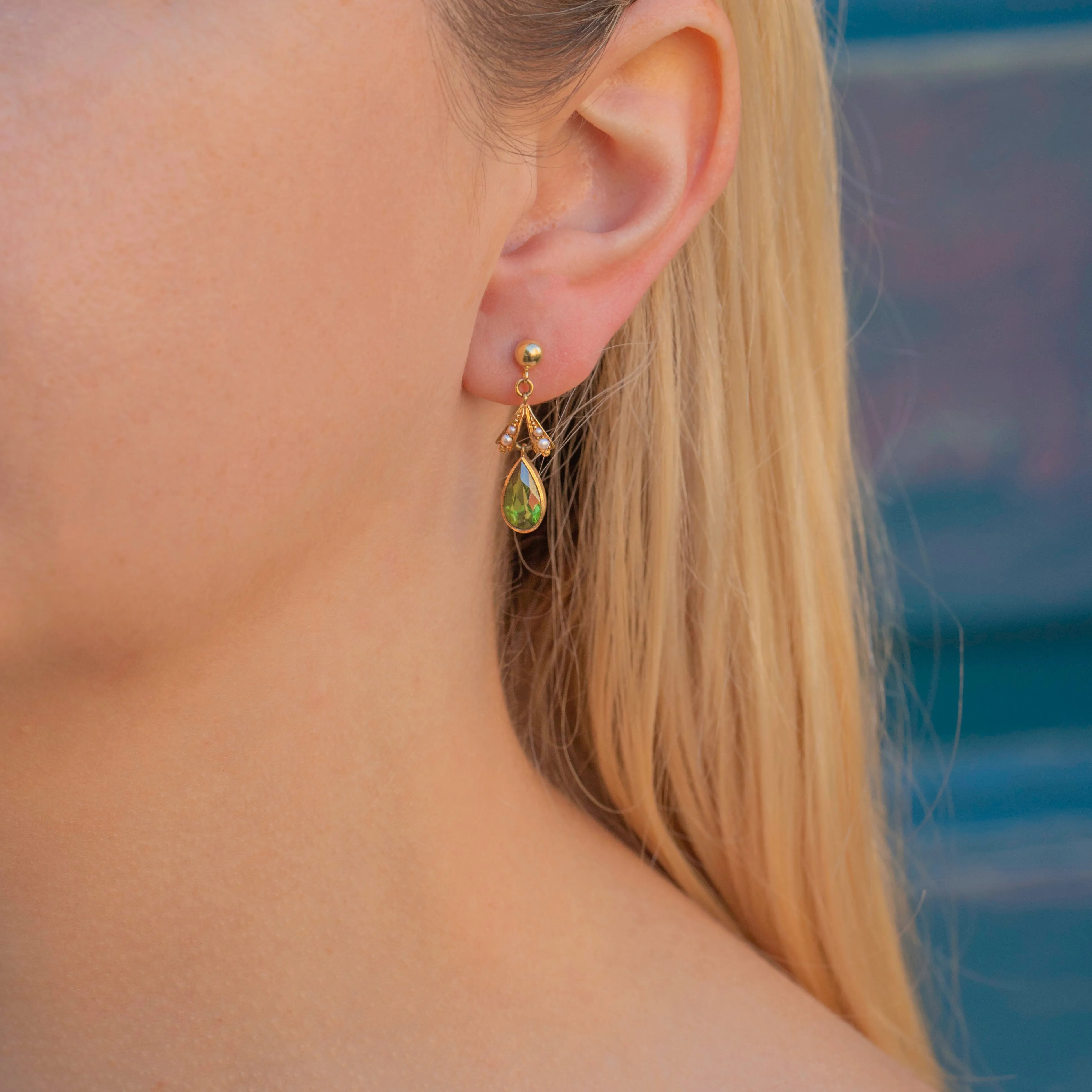 Antique 18ct Gold Green Tourmaline Pearl Drop Earrings, 1.80ct