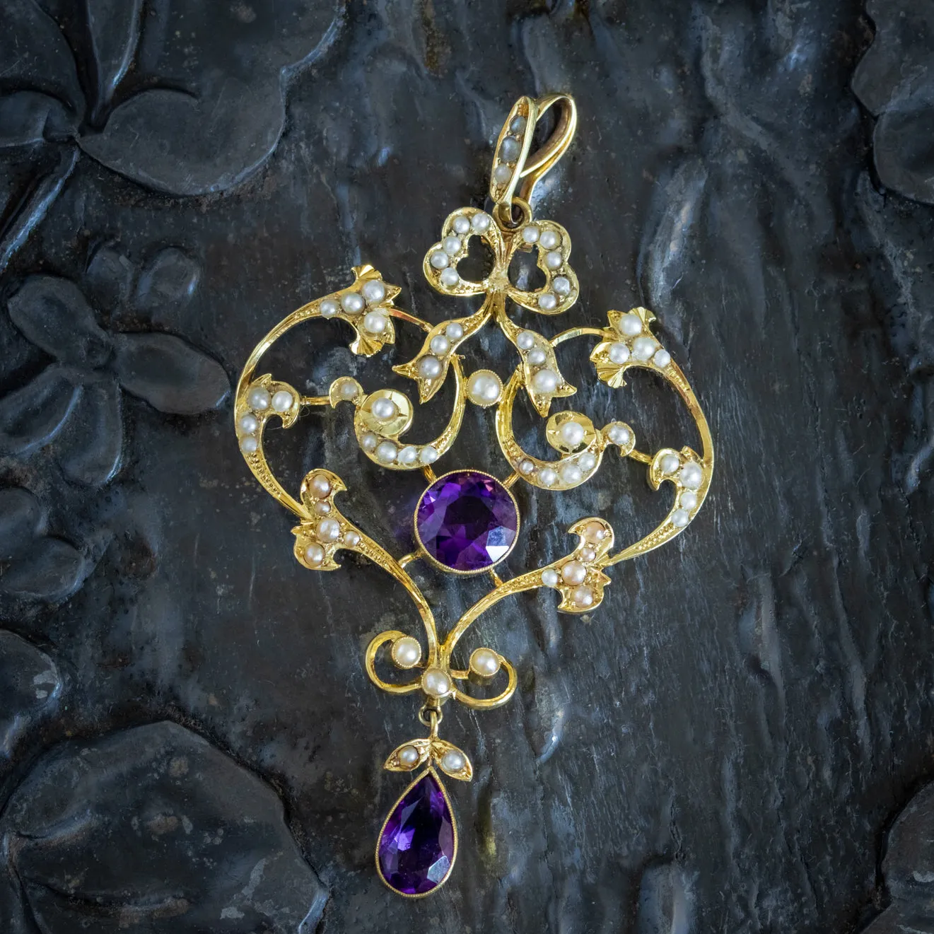 Antique Edwardian Amethyst Pearl Pendant 15Ct Gold Circa 1905