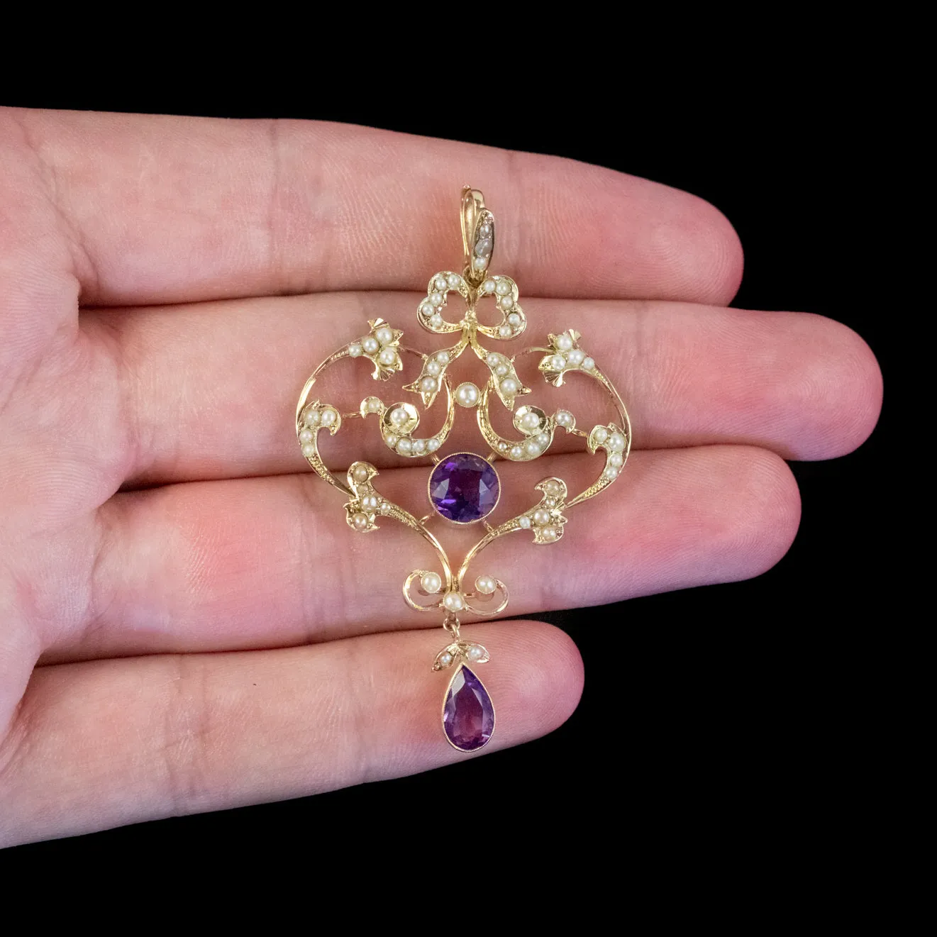 Antique Edwardian Amethyst Pearl Pendant 15Ct Gold Circa 1905