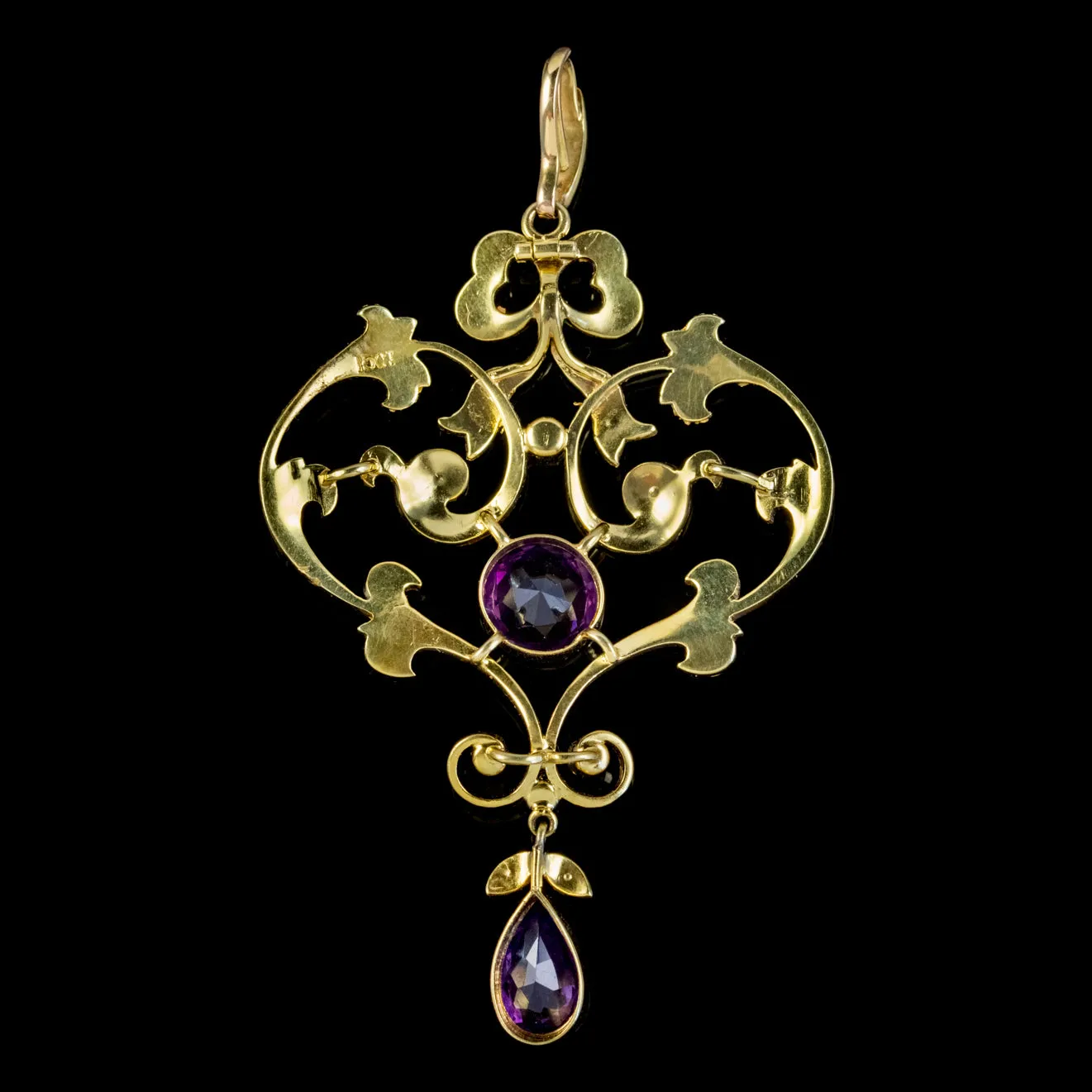 Antique Edwardian Amethyst Pearl Pendant 15Ct Gold Circa 1905