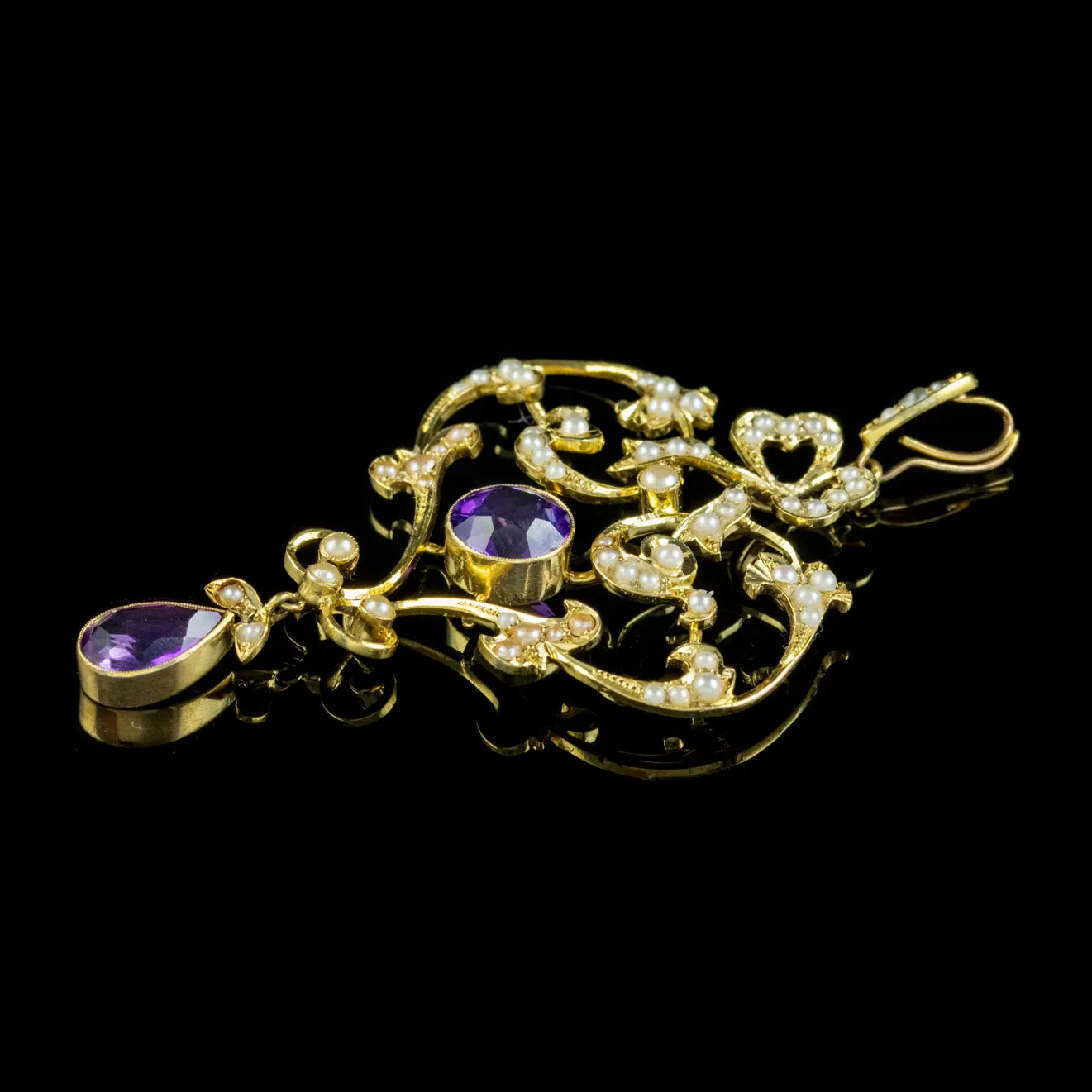 Antique Edwardian Amethyst Pearl Pendant 15Ct Gold Circa 1905