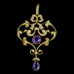 Antique Edwardian Amethyst Pearl Pendant 15Ct Gold Circa 1905