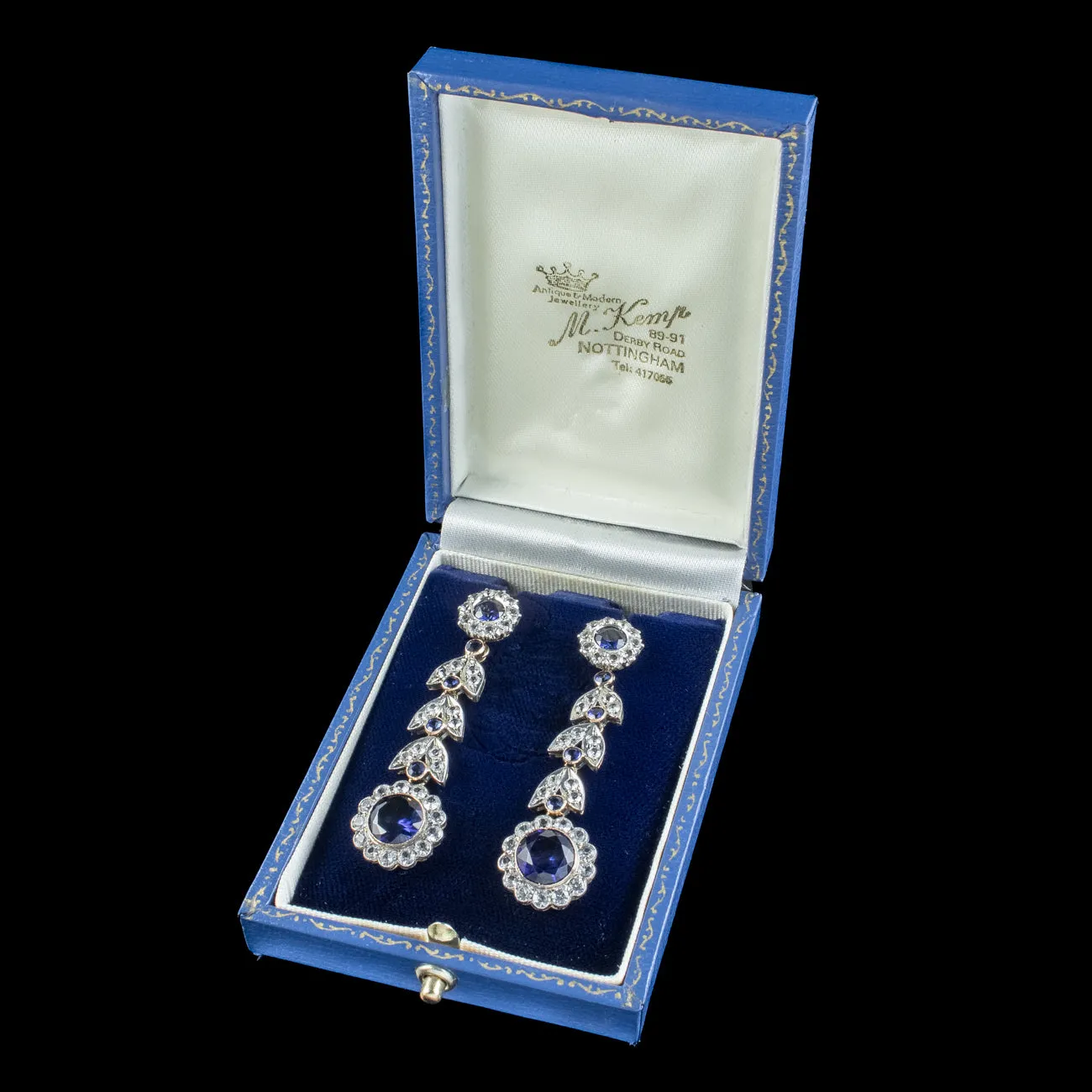 Antique Edwardian Blue Paste Flower Drop Earrings 15ct Gold With Box