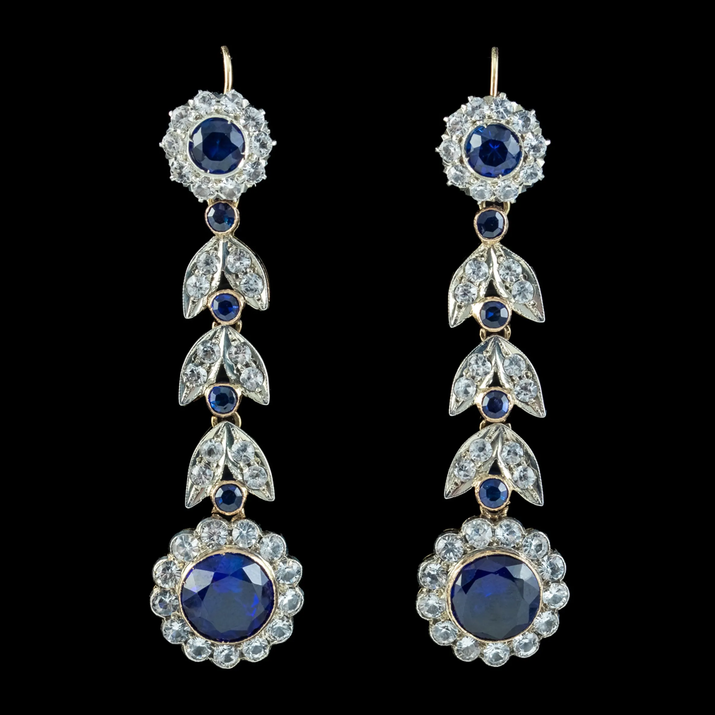 Antique Edwardian Blue Paste Flower Drop Earrings 15ct Gold With Box