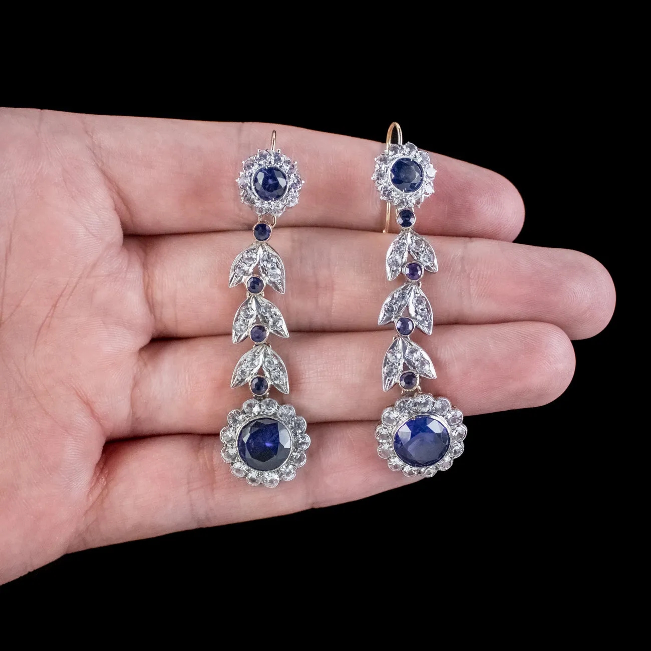 Antique Edwardian Blue Paste Flower Drop Earrings 15ct Gold With Box