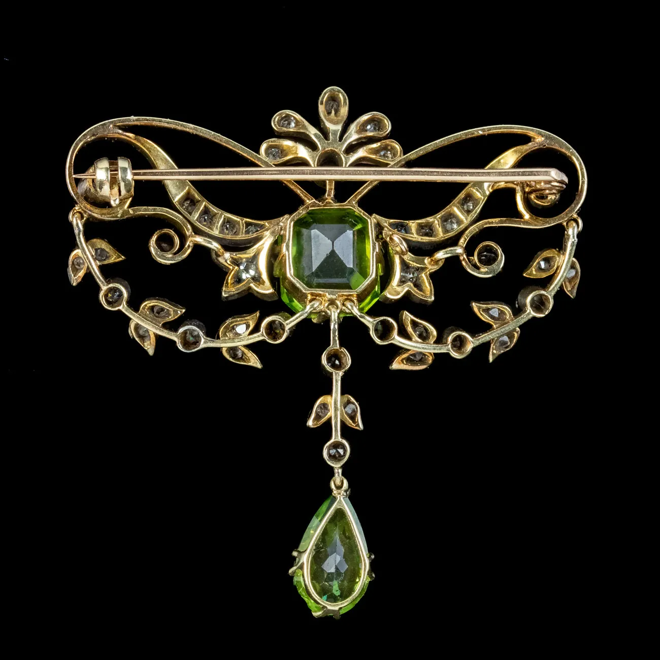 Antique Edwardian Peridot Diamond Brooch 18ct Gold Silver
