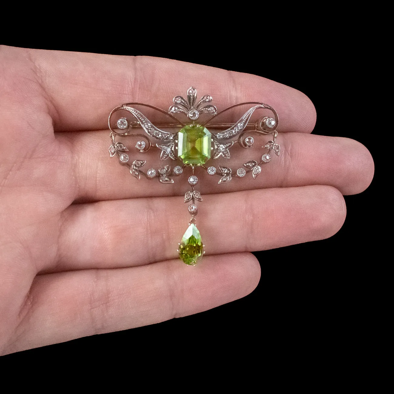 Antique Edwardian Peridot Diamond Brooch 18ct Gold Silver