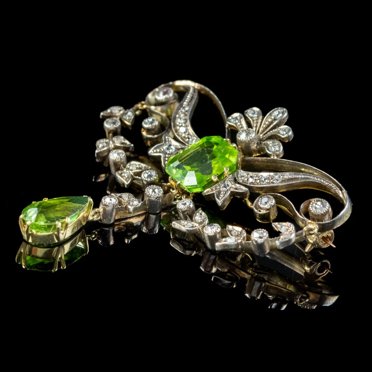 Antique Edwardian Peridot Diamond Brooch 18ct Gold Silver