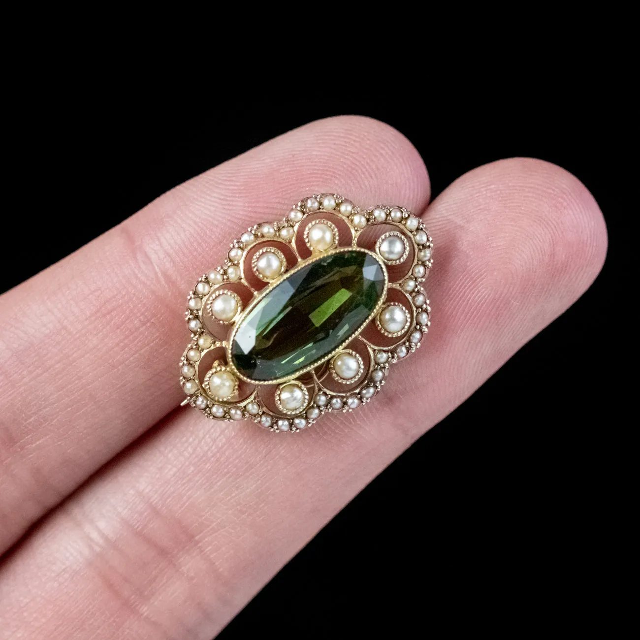 Antique Edwardian Tourmaline Pearl Brooch 15ct Gold