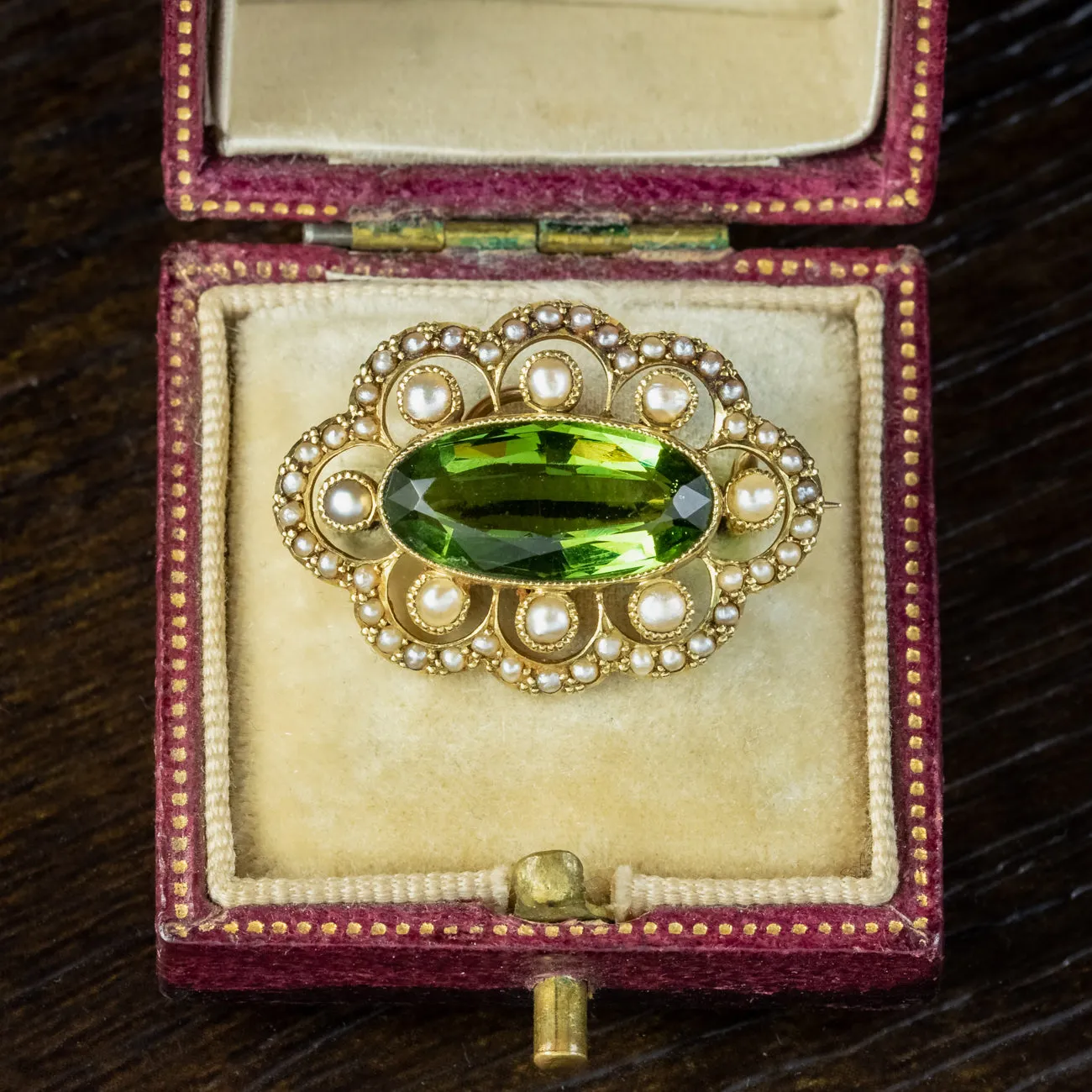 Antique Edwardian Tourmaline Pearl Brooch 15ct Gold