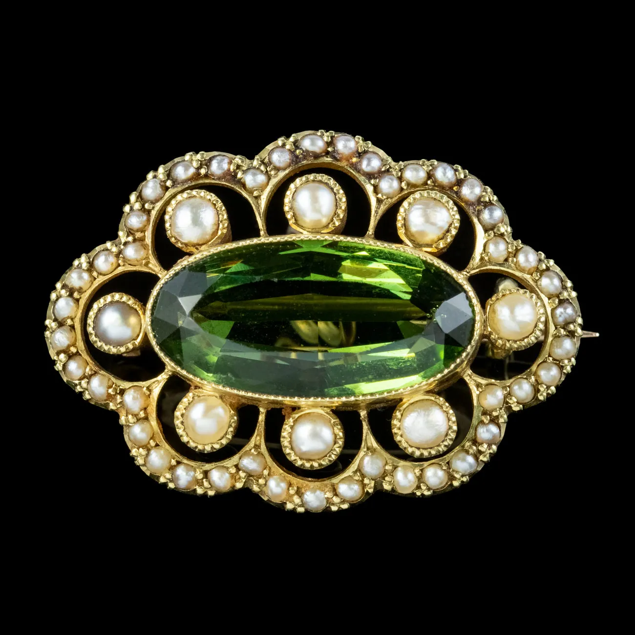 Antique Edwardian Tourmaline Pearl Brooch 15ct Gold