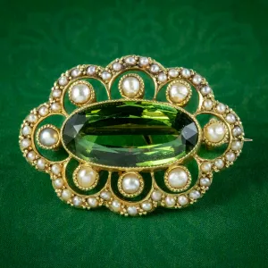 Antique Edwardian Tourmaline Pearl Brooch 15ct Gold