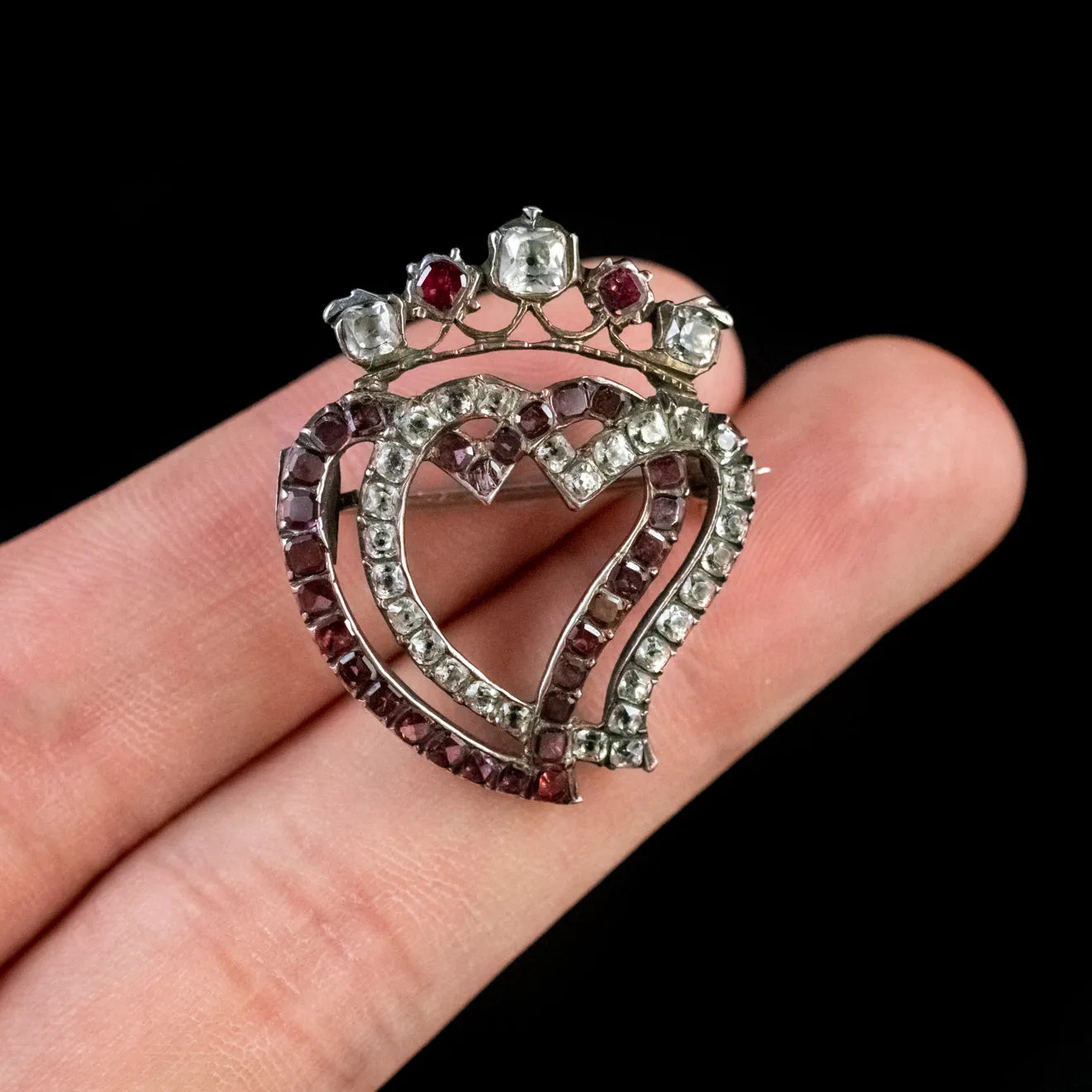 Antique Georgian Flat Cut Garnet Paste Luckenbooth Witches Heart Brooch Silver Circa 1800
