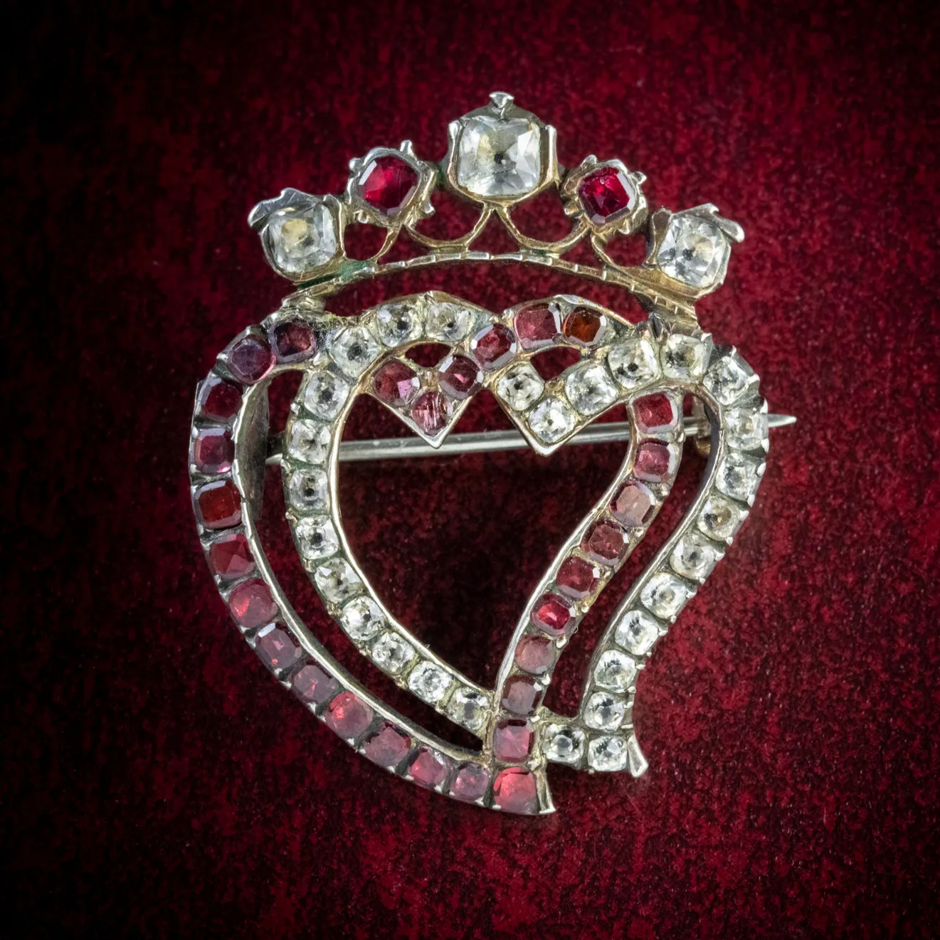 Antique Georgian Flat Cut Garnet Paste Luckenbooth Witches Heart Brooch Silver Circa 1800