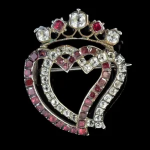 Antique Georgian Flat Cut Garnet Paste Luckenbooth Witches Heart Brooch Silver Circa 1800