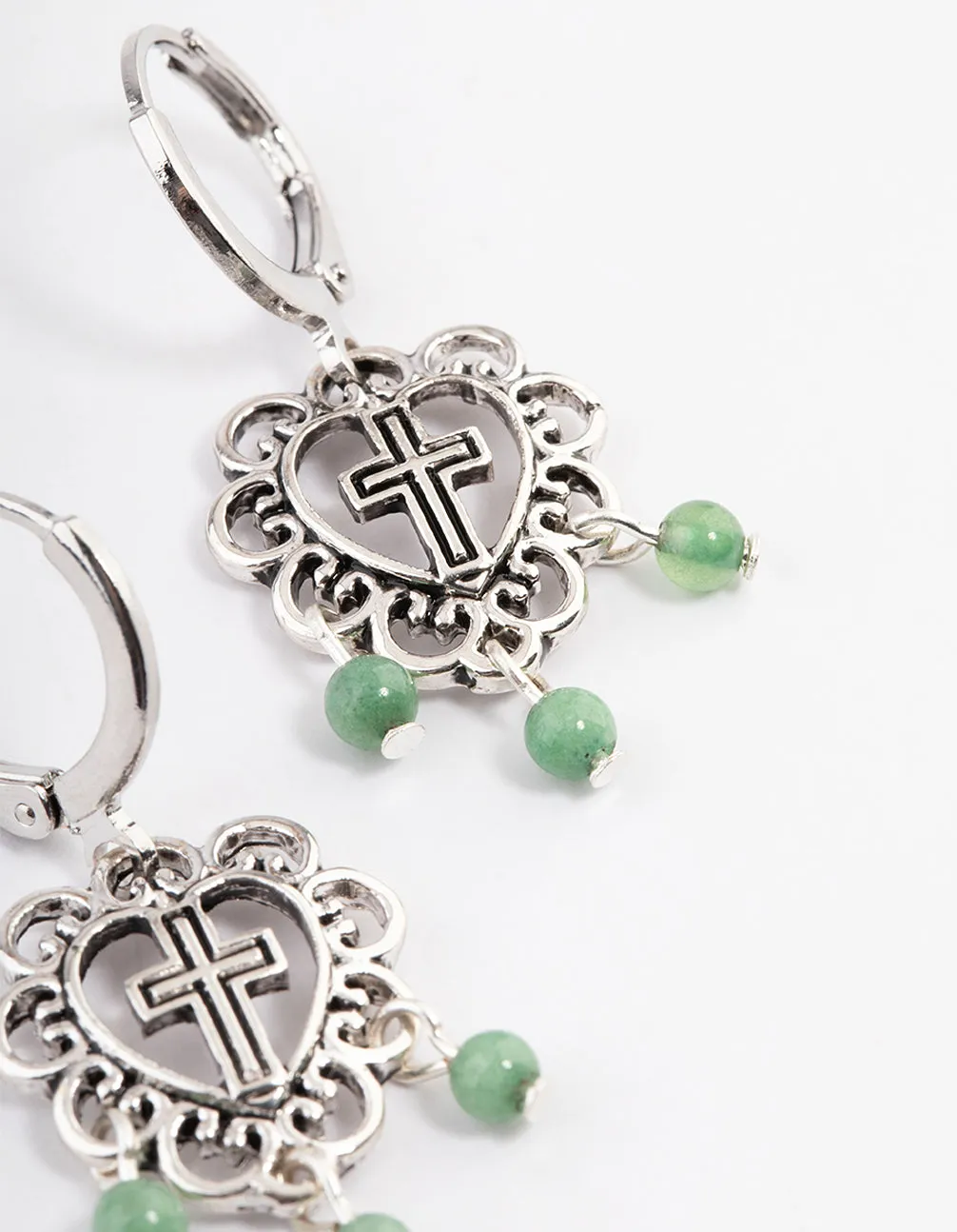Antique Silver Amazonite Flower Cross Earrings